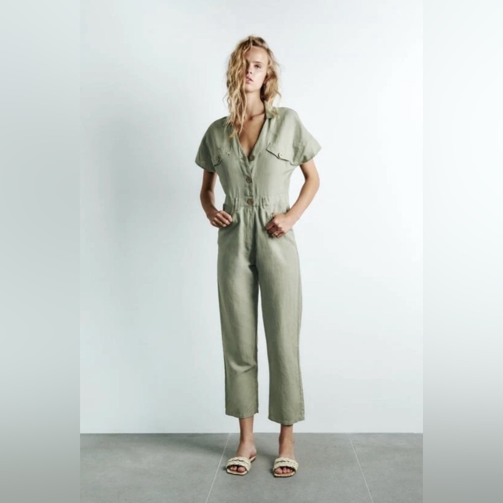 Zara Green Khaki Linen Blend Short Sleeve Jumpsuit